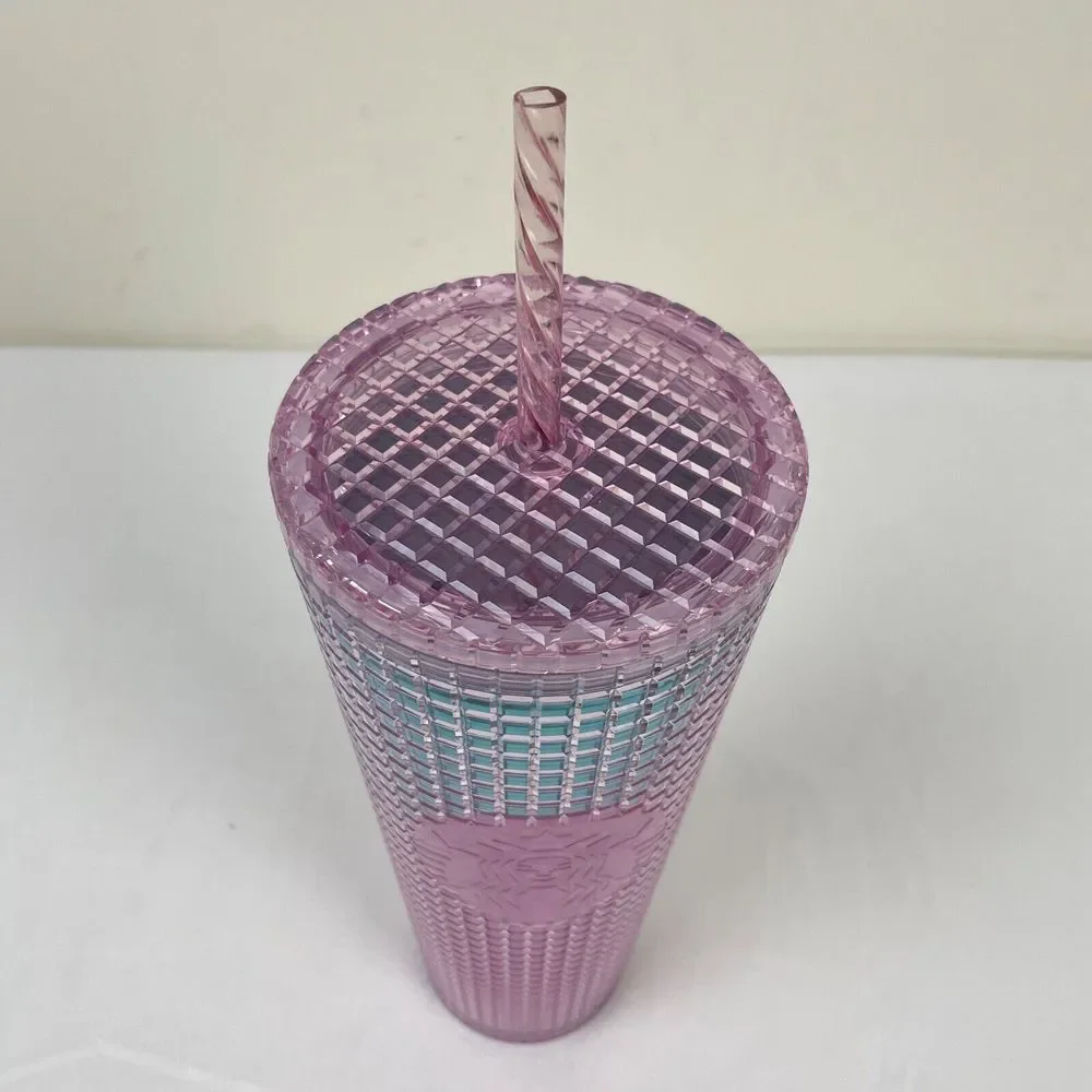Starbucks 2021‎ Pink Teal Grid Cup Tumbler 24 oz